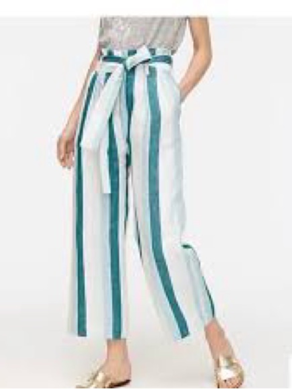 JCrew White and Teal Vertical Stripe Wide-Leg Pants with Self-Tie Waist